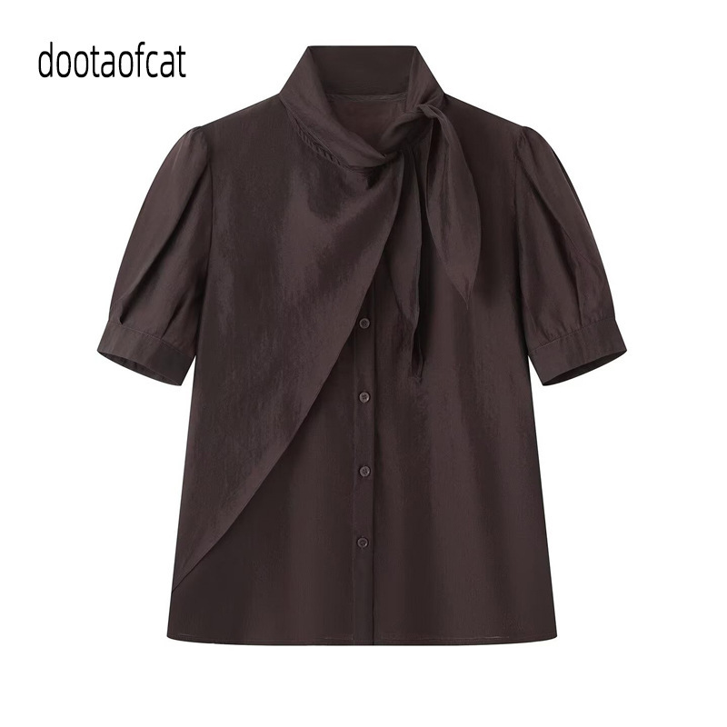 2026 New Summer Women's Clothing, Simple Style for Work, Loose Puff Sleeves, Lace-Up Short-Sleeved Shirt Top P166918 2026 New Summer Women's Clothing, Simple Style for Work, Loose Puff Sleeves, Lace-Up Short-Sleeved Shirt Top P166918