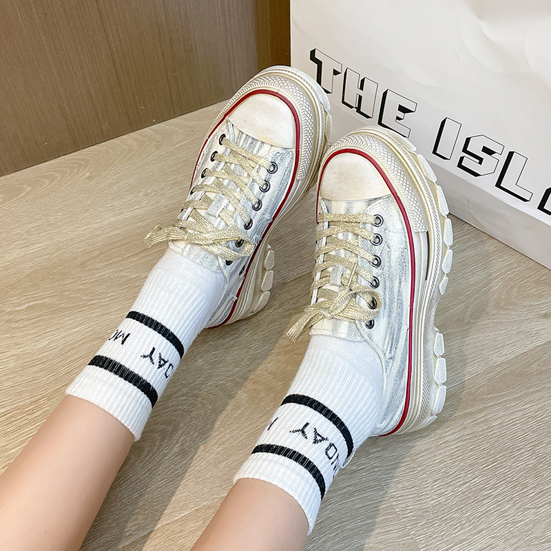 Estilo coreano retro zapatos de lona angustiados zapatos sucios 2023 primavera y verano plataforma muffin zapatos casuales zapatos de mujer mendigo a juego