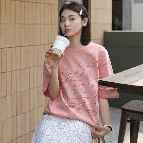 Royal Youthful Girl Cartoon Print Cotton Short-Sleeve T-Shirt for Women 2025 Spring Round Neck Tunic Top Fresh Style