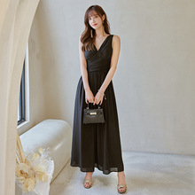 名媛黑色性感深V领洋装礼服长夏季新款度假风雪纺吊带连衣裙66503