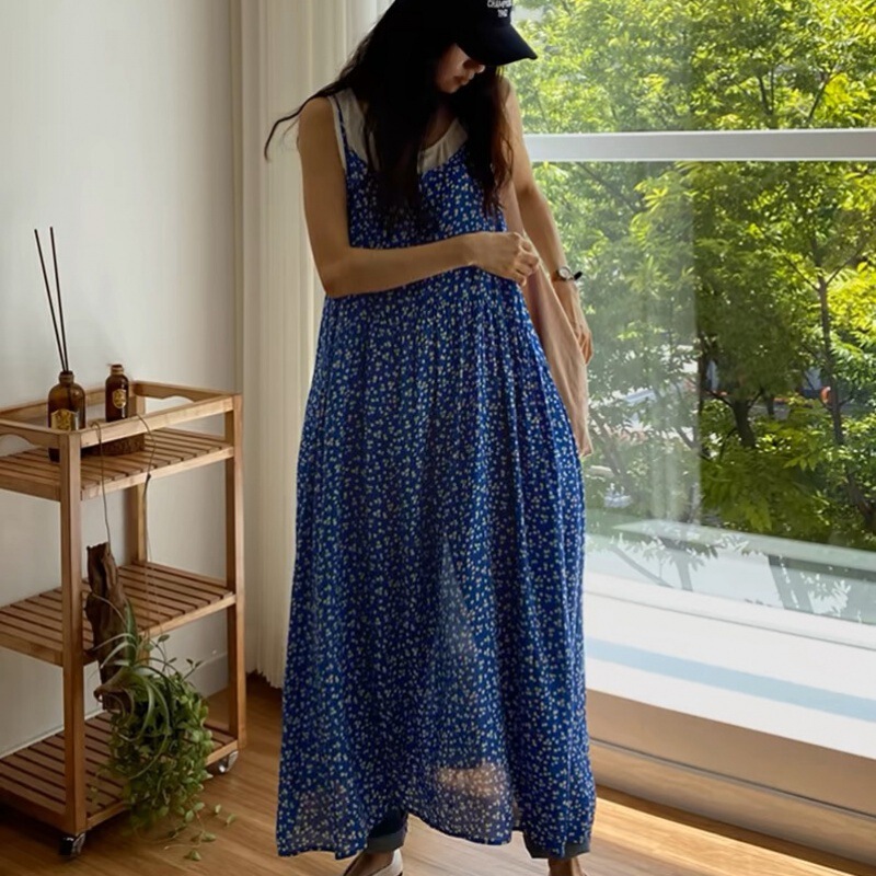 dress Women's Summer 2024 New Arrival South Korea Cute Flower Sleeveless Floral A- Shaped Vest Sling Long Skirt