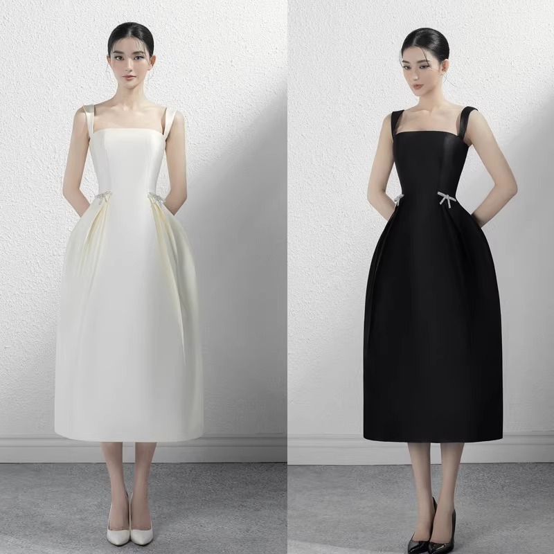 Diseño de nicho francés, vestido de noche con tirantes de satén blanco, fiesta de cumpleaños, temperamento, generalmente puedes usar vestidos