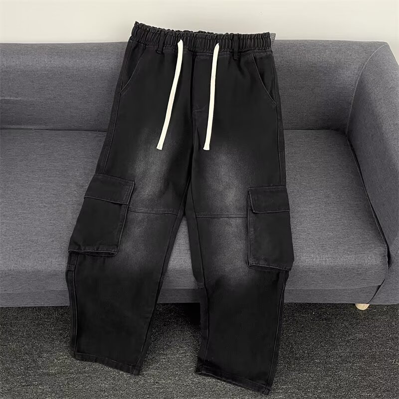 New Summer Loose Straight Wide-Leg Long Pants Retro Jeans Men's Pocket Cargo Pants Wholesale Trendy