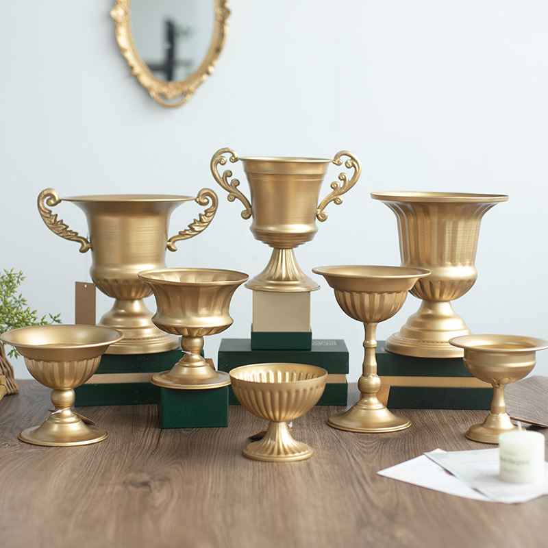 황금색 꽃병, 유럽풍 레트로 빈티지 꽃병, 트로피, 와인잔, 북유럽풍 연회/웨딩 장식 소품 도매