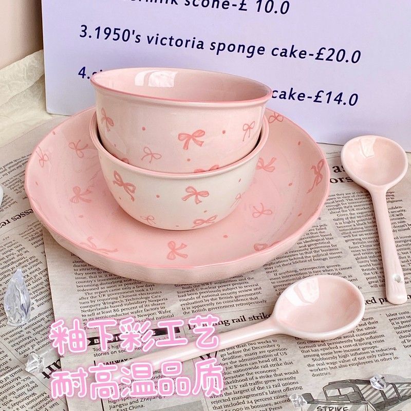 Bow Rice Bowl Girly Heart ins Ceramic Bowl Spoon Underglaze Color High-value Tableware Rice Bowl Dessert Bowl Set