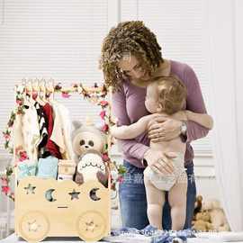 跨境木质婴儿衣服收纳架木制婴儿沐浴收纳篮手提玩具衣服存储架