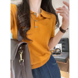 超显白南瓜橘！含真丝羊毛 法式通勤Polo翻领针织衫短袖上衣女秋