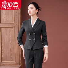 简约气质黑色条纹西服套装女秋季高级感通勤正装高端双排扣小西装