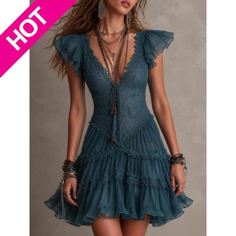 Lace Flutter-Sleeve Dress for Women with Waist Tie, Layered Mesh Cake Short Skirt, Vacation Style, Slimming and Sheer