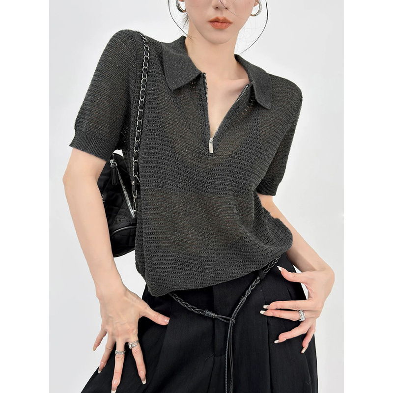 Old Money Style Lapel Half-Zip Hollow-Out Knit Sweater for Women, Summer Short-Sleeve Breathable Commuter Top