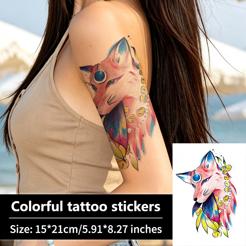 Chinese-style colorful fox tattoo stickers with fantasy gemstone and coin motifs, waterproof temporary tattoo for upper arm and thigh Chinese-style colorful fox tattoo stickers with fantasy gemstone and coin motifs, waterproof temporary tattoo for upper arm and thigh