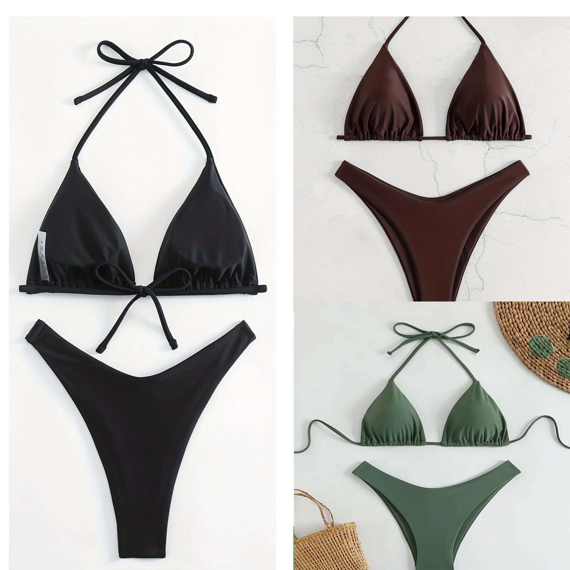 European and American Solid Color Split Swimsuit Women's Cross-Border Amazon Sexy Triangle Bikini European and American Seaside Beach Swimwear