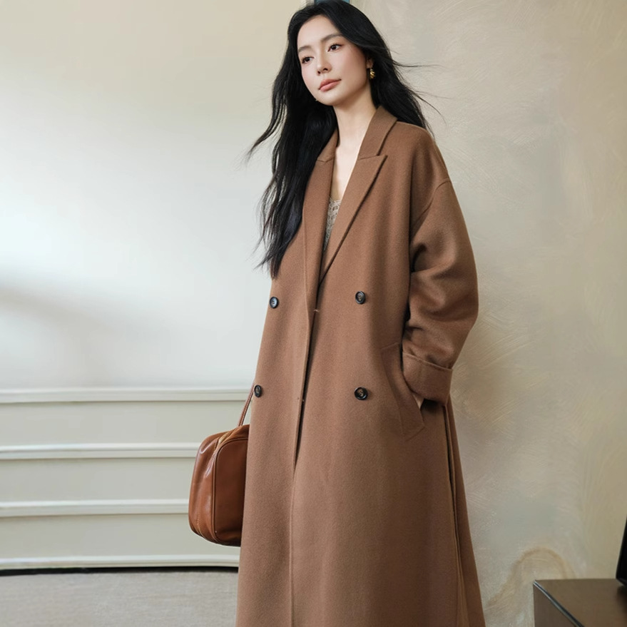 Mm Classic 2980 Upgraded 10% Cashmere Double-Sided Wool Bathrobe-Style Coat, Mid-Length Peaked Lapel Woolen Coat