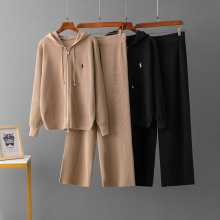 跨境亚马逊欧美秋冬新款针织套装休闲时尚拉链外套休闲宽松裤子女