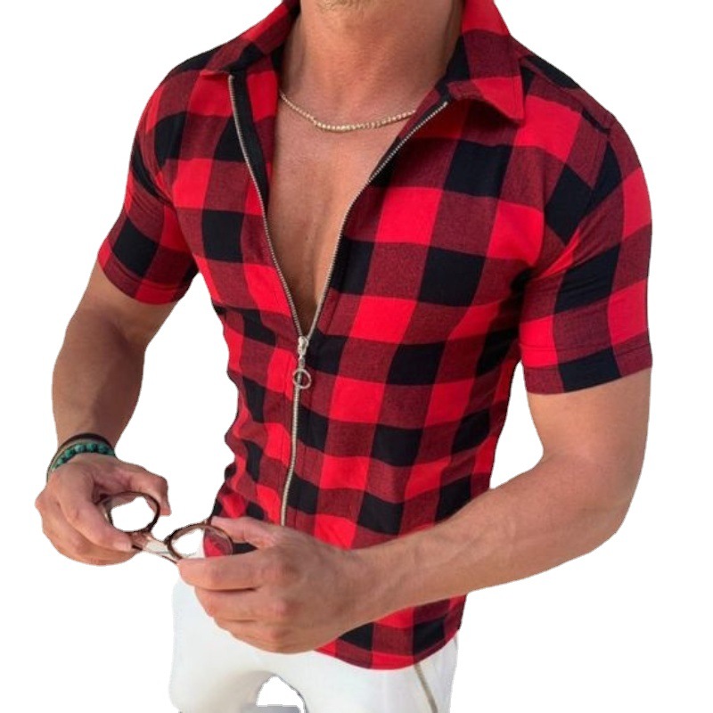 Cross-border 2023 solapa europea y americana de cuatro lados stretch Plaid camisa impresa hombres SLIM-Fit moda cremallera cardigan manga corta forro