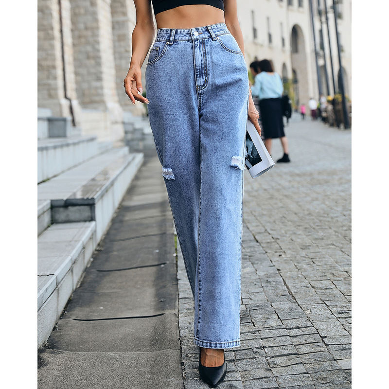 Pre-Sale-10167 # Amazon Cross-Border Women's Clothing European and American Style Loose Straight-Leg Floor-Length Slimming Ripped Denim Jeans
