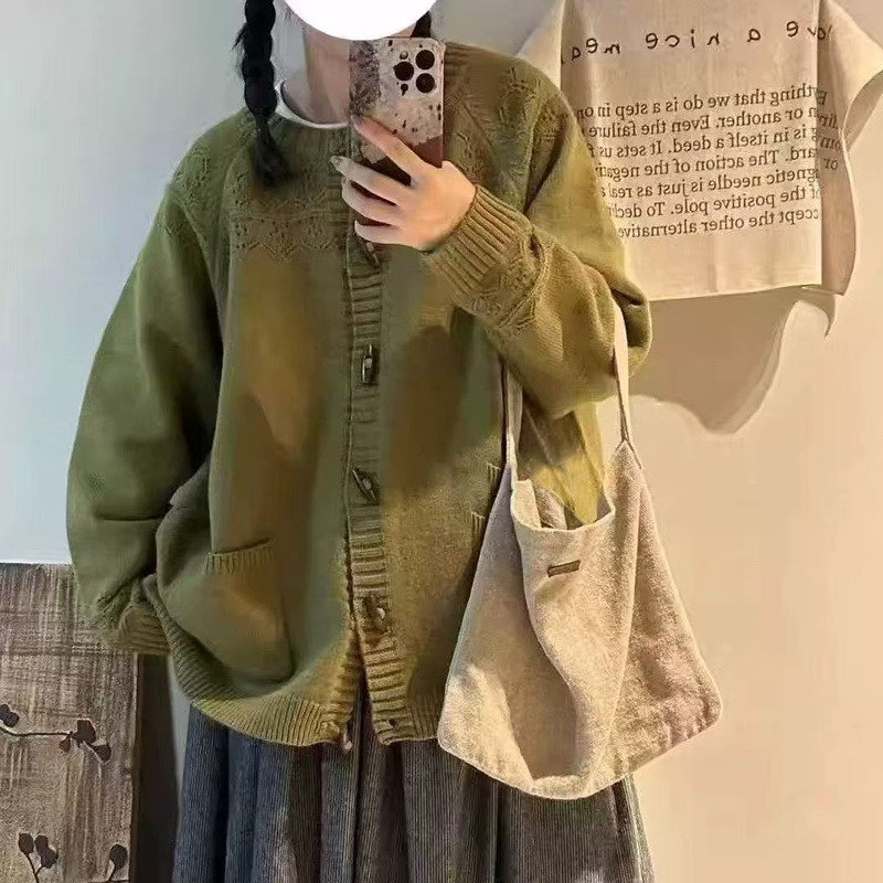 法式花边镂空慵懒风针织长袖毛衣秋季新款圆领单排扣甜美宽松上衣|undefined