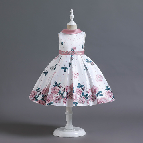 Cross-border new girls' dress with floral satin princess skirt, elegant birthday piano performance costume