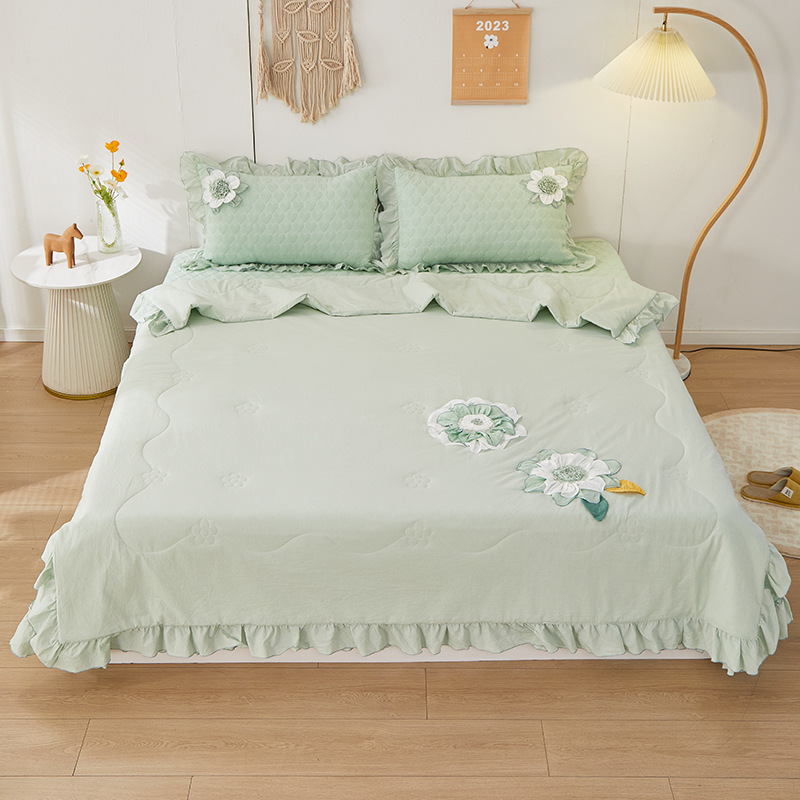 New solid color bedding four-piece pure washed cotton small fresh quilt cover bedspread bed sheet bedding three-piece set