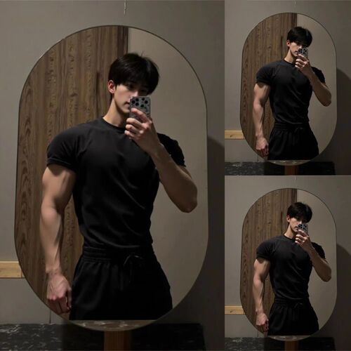 Men's Summer Half-Sleeve Quick-Drying T-Shirt with Ice Silk Elastic Sweat Absorbent Fitness Short Sleeve Breathable Round Neck Color Top