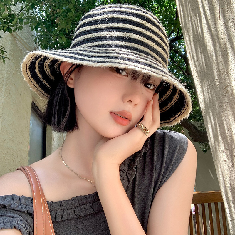 韩系复古条纹渔夫帽女夏季透气显脸小遮阳防晒出游海边沙滩草帽子|undefined