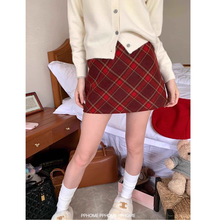 格纹A字裙毛呢格子短裙潮2023秋冬新款厚实高腰毛呢半身短裙女