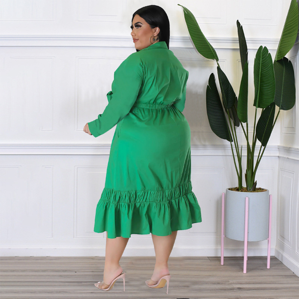 ChicShe N7679 2022 Solid Color Tie Bow Shirt Sleeve Loose Casual Ruffle Plus Size Dress_voghion.com