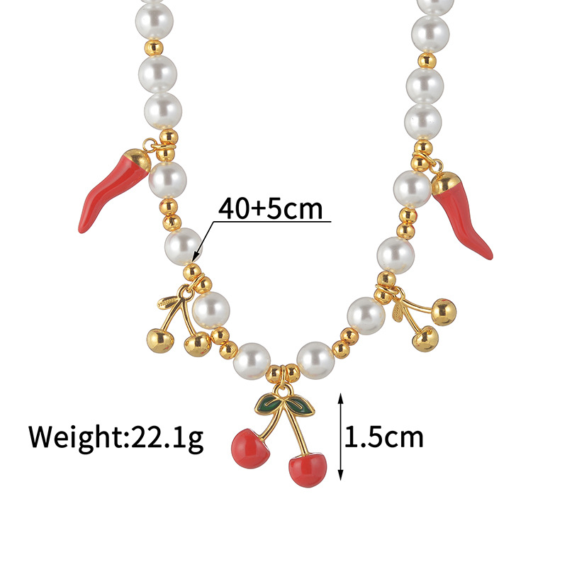 Beaded Chain Chain Type Women's 304 Stainless Steel Imitation Pearl Beaded Chain Cherry Strawberry Chili Multi Charms Necklace Imitation Pearl Jewelry