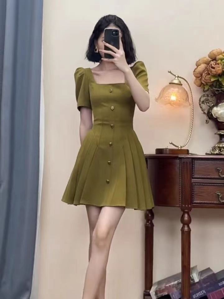 Đầm nữ cổ vuông kiểu Pháp chít eo tôn dáng — Màu xanh lá dáng dài, Màu xanh lục mẫu ngắn, Màu đen mẫu ngắn chi tiết 7
