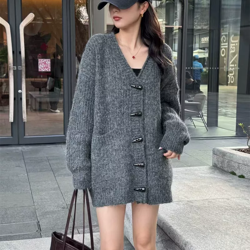Модный ретро-кардиган, свитер, демисезонная knitted куртка для отдыха, V-образный вырез, корейский стиль