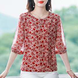 中袖碎花真丝衬衫女夏季新款中年妈妈洋气遮肚子上衣减龄漂亮小衫