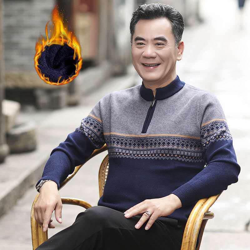 Dad winter clothes half turtleneck fleece-lined thickened middle-aged men's warm clothes fake two-piece knitted bottoming shirt top round neck Dad winter clothes half turtleneck fleece-lined thickened middle-aged men's warm clothes fake two-piece knitted bottoming shirt top round neck