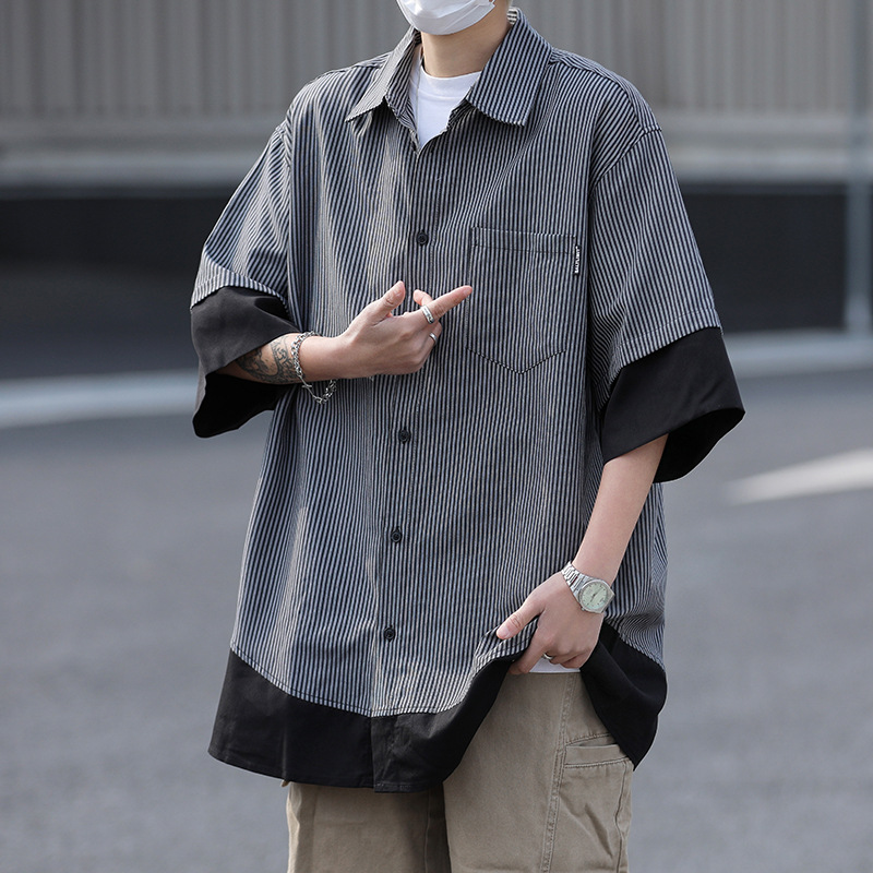 Summer New Men's Loose Trendy Brand Fake Two-Piece Striped Shirt Lapel Youth Versatile Cardigan Shirt Jacket