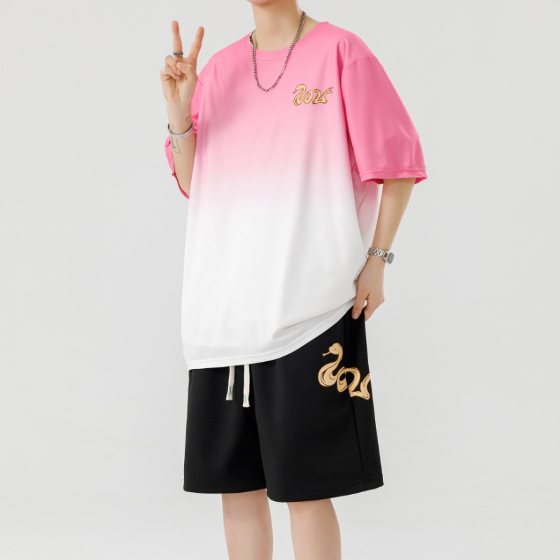 2025 nuevo verano adolescente pantalones cortos de manga corta traje deportivo casual moda degradado suelto traje de dos piezas hombre