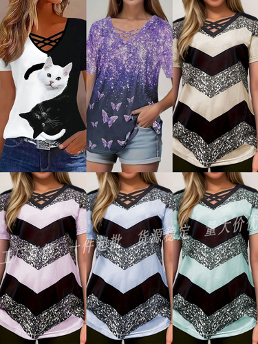 2025 European and American Amazon TEMU Spring/Summer Hot Item: Color-Block Cross V-Neck Striped Elegant Casual Short-Sleeve T-Shirt for Women