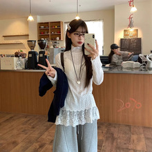 【自设工厂现货现发 】半高领蕾丝花边内搭打底衫女秋冬宽松长袖t