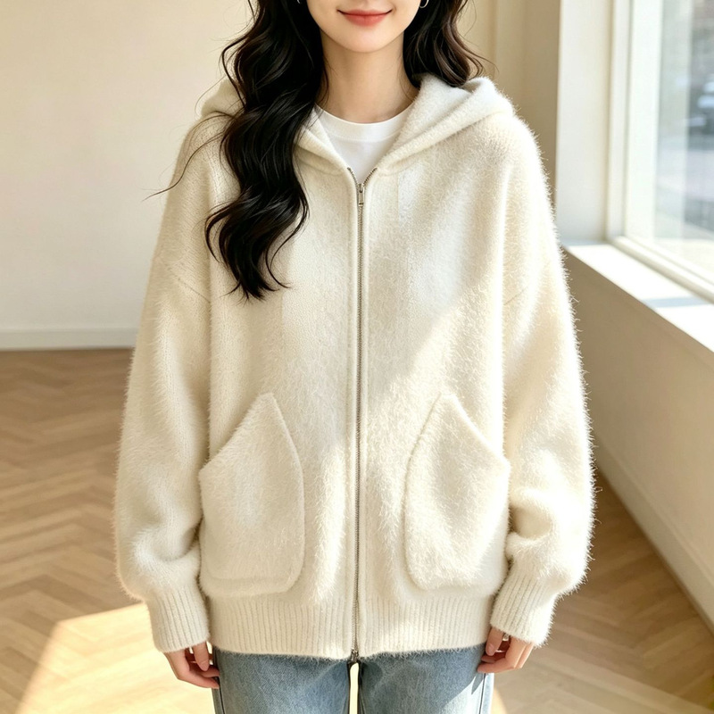 Imitation Mink Fur Hooded Zipper Cardigan Sweater for Women, Autumn and Winter Fashion, Loose Fit with Pockets, Slimming Knit Top Imitation Mink Fur Hooded Zipper Cardigan Sweater for Women, Autumn and Winter Fashion, Loose Fit with Pockets, Slimming Knit Top