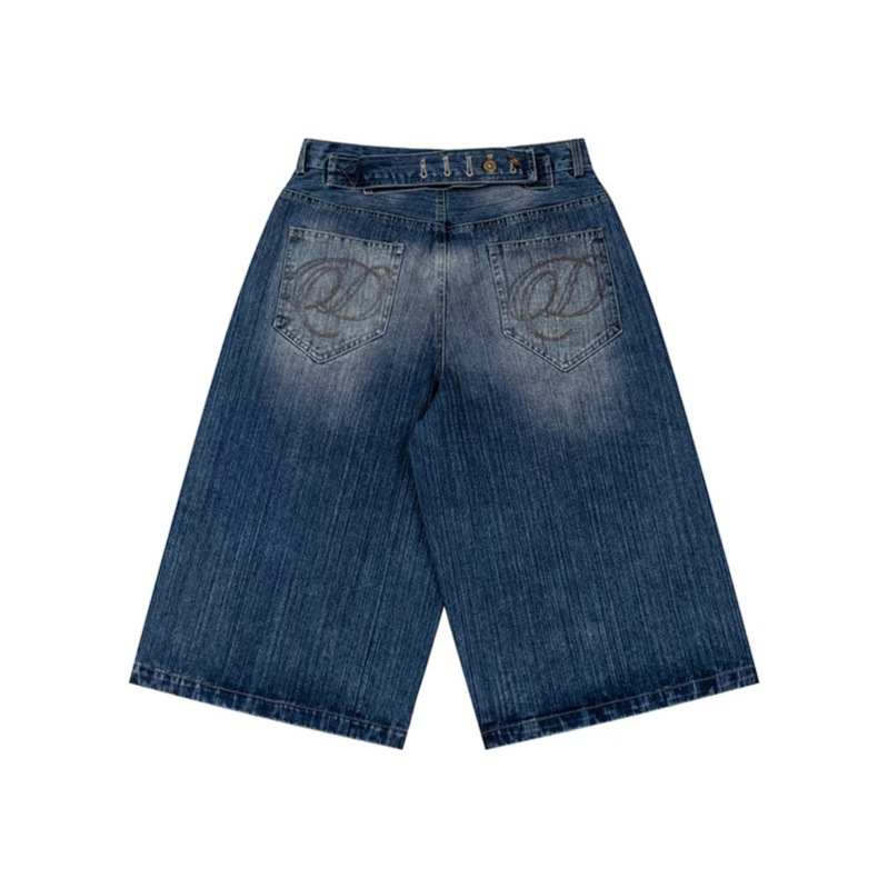 Unisex Vintage Paris Buckle Denim Capri Pants With Bamboo-Joint Wash, Relaxed Fit Over-Knee Shorts For Summer_mkmklike.com
