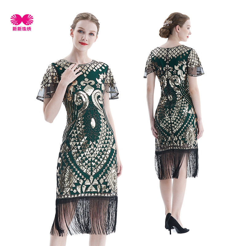 Cross-Border 20S Party Gatsby Beaded Dress Retro Mesh Short-Sleeved Sequined Tassel Prom Dress