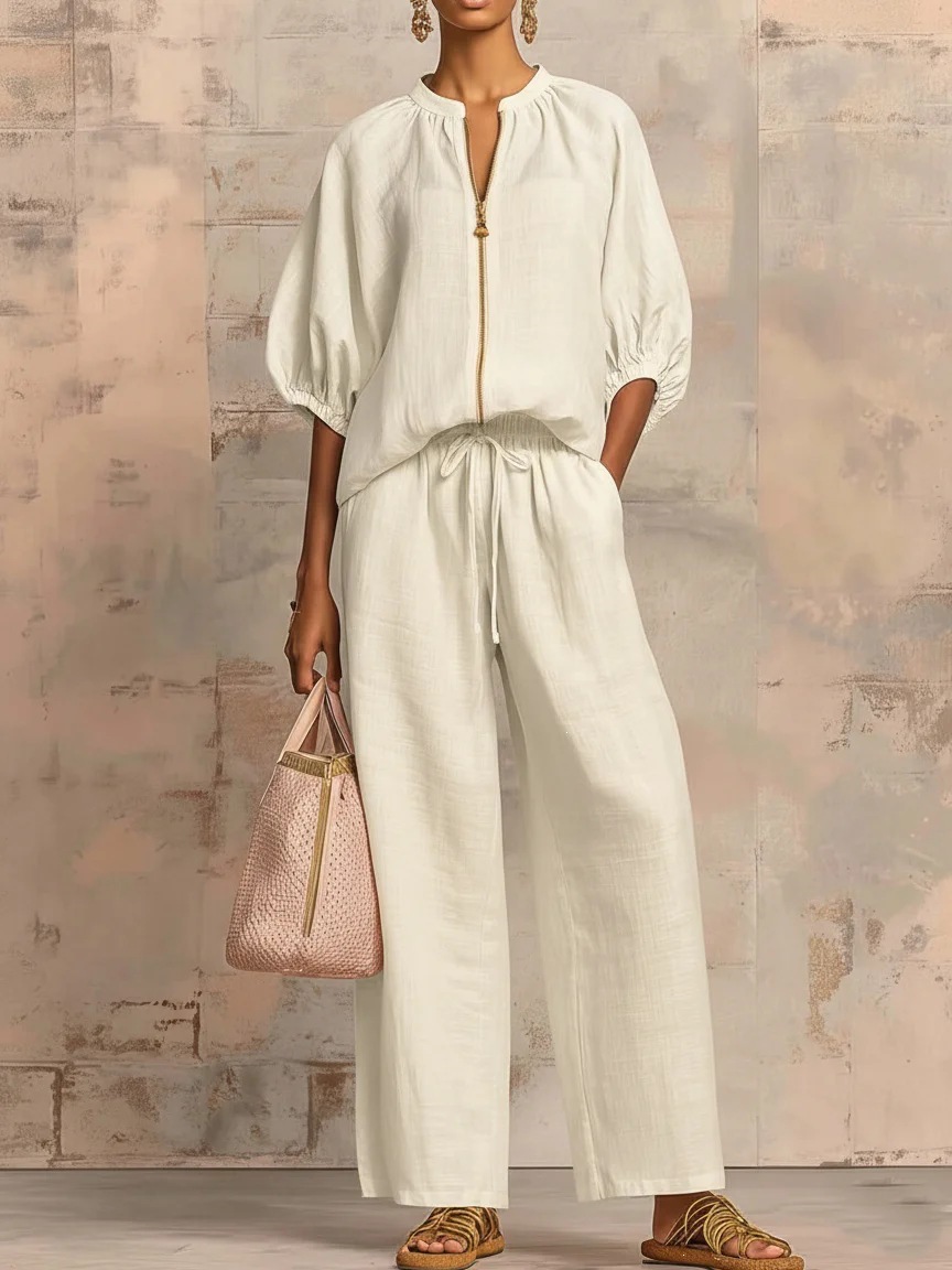 Women's Clothing Summer Women's Wide Leg Pants Set Casual Loose Fit Solid Color Zipper Round Neck Top Bottoms Outfit Style_ecoleips.com