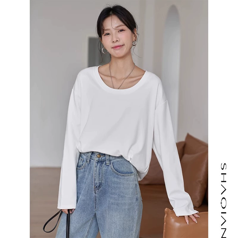 Large Neckline Pure Cotton White T-Shirt Women's Long Sleeve 2025 Spring & Fall New Loose U-Neck Top Low Collar Inner Layering Shirt Large Neckline Pure Cotton White T-Shirt Women's Long Sleeve 2025 Spring & Fall New Loose U-Neck Top Low Collar Inner Layering Shirt