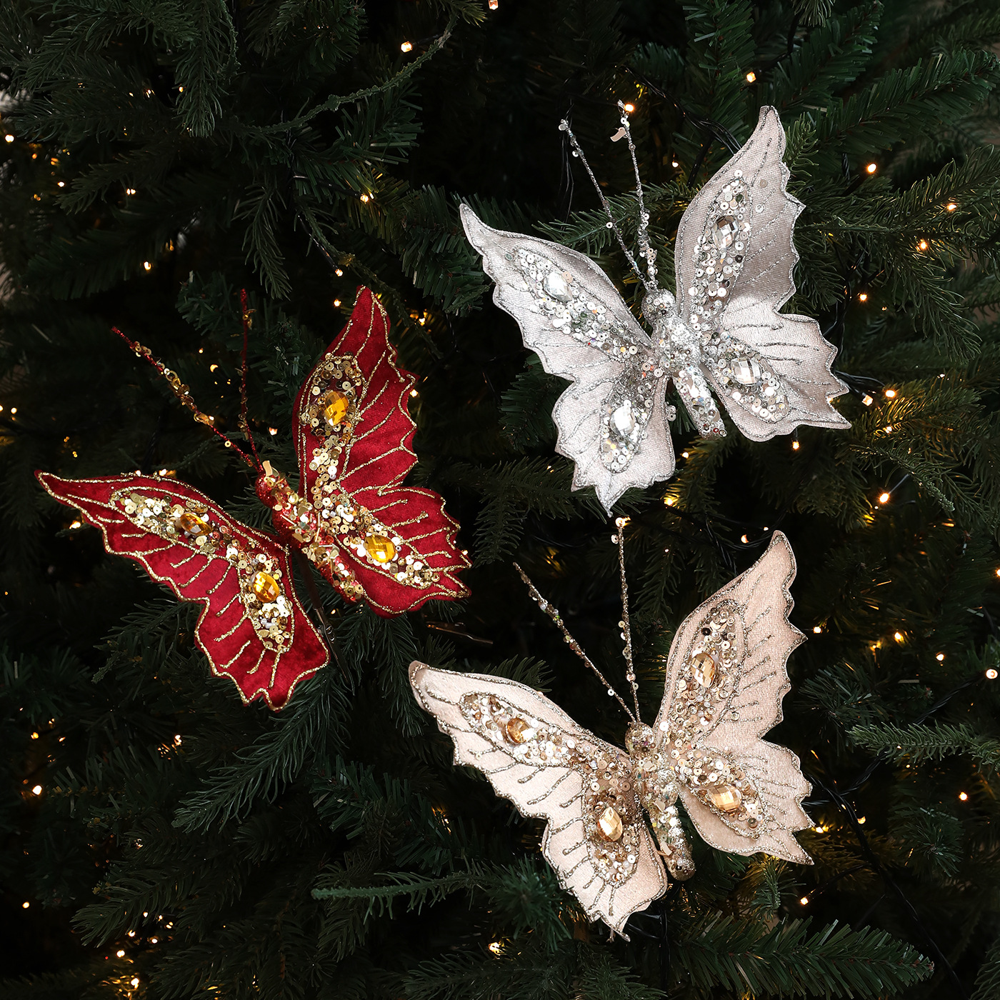 Nuevos productos de simulación de color polvo brillante sequinado clip mariposa árbol de Navidad polvo perla clip decoración colgante