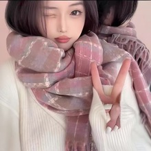 丁香格子围巾女秋冬季新款干枯玫瑰粉色韩版学生百搭显白流苏围脖
