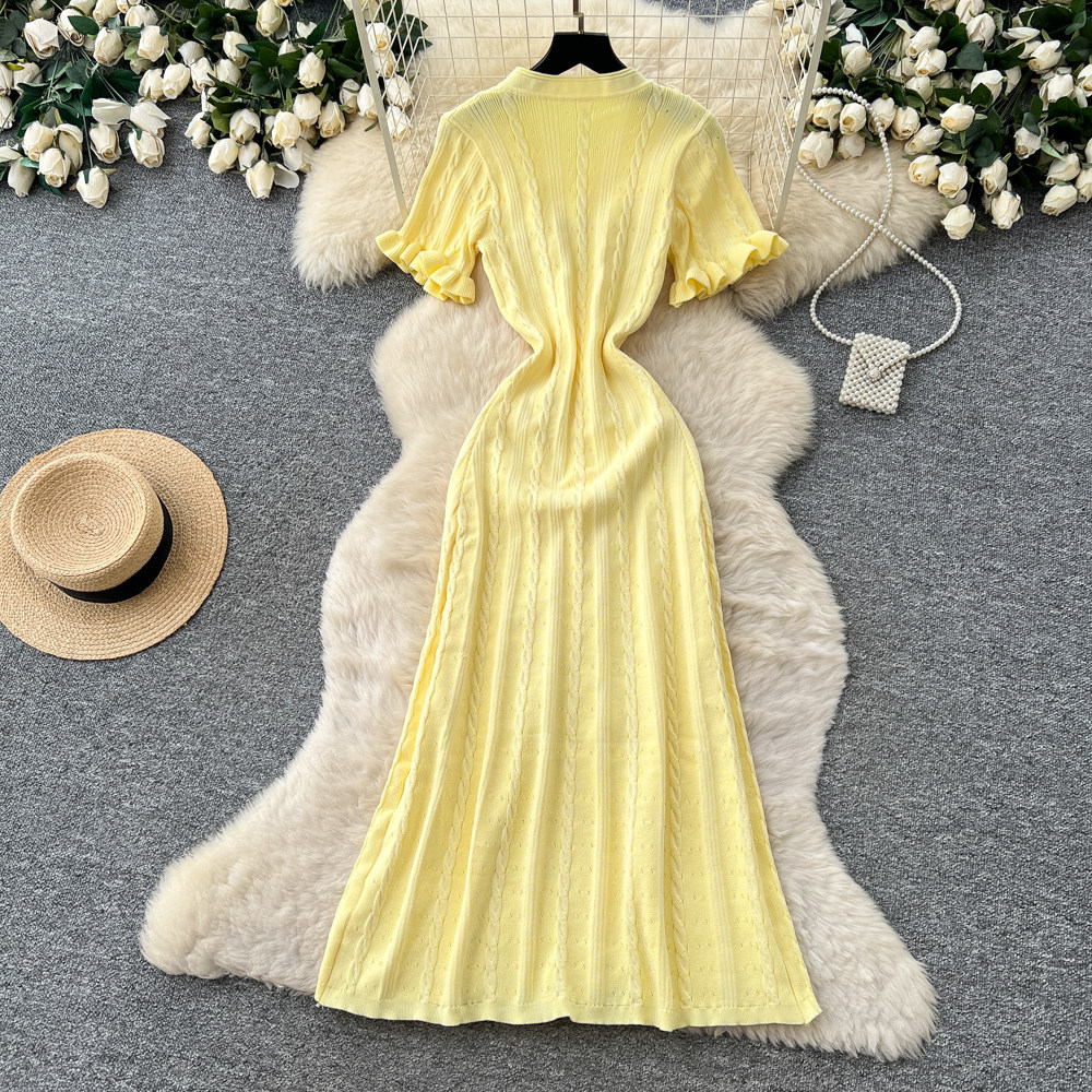 Women's Clothing Elegant Knit Tweed Dress With Front Buttons And Short Sleeves For Women_ecoleips.com