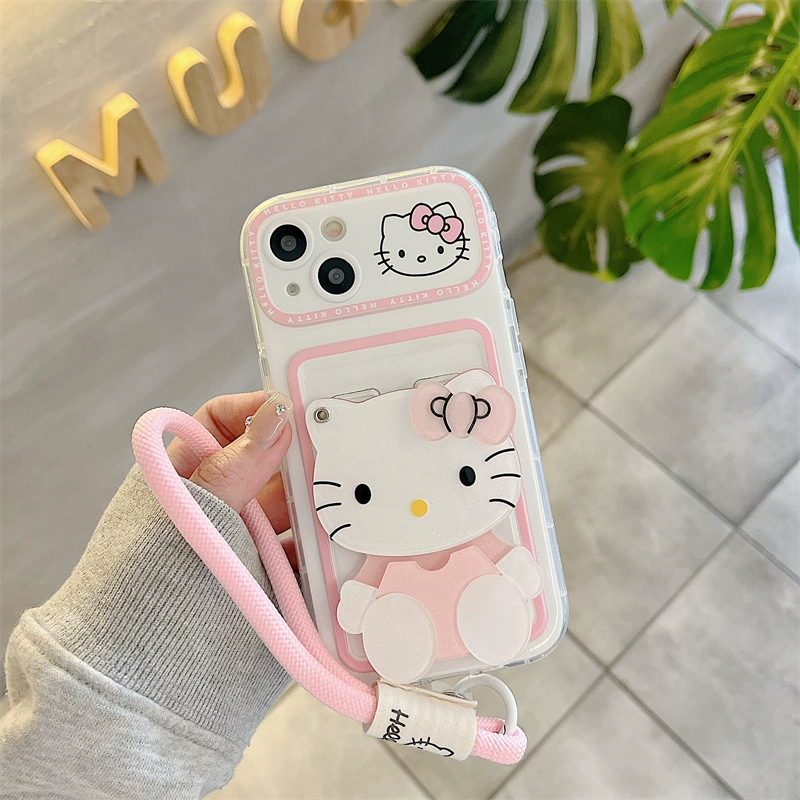 Чехол для телефона Hello Kitty, совместим с iPhone 11–16, встроенное зеркальце, с ремешком/без
