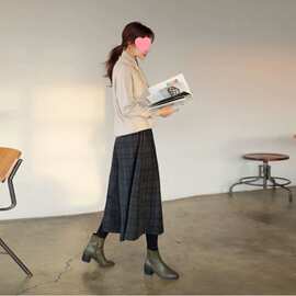 2025秋冬新款格子呢子阔腿裤女宽松松紧腰毛呢裤子显瘦羊毛裙裤