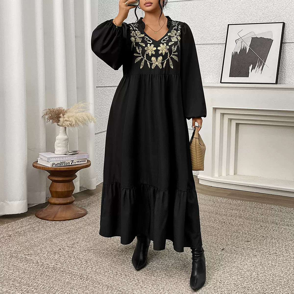 亚马逊新款大码女装连衣裙印花欧美高腰显瘦黑色荷叶边女士连衣裙