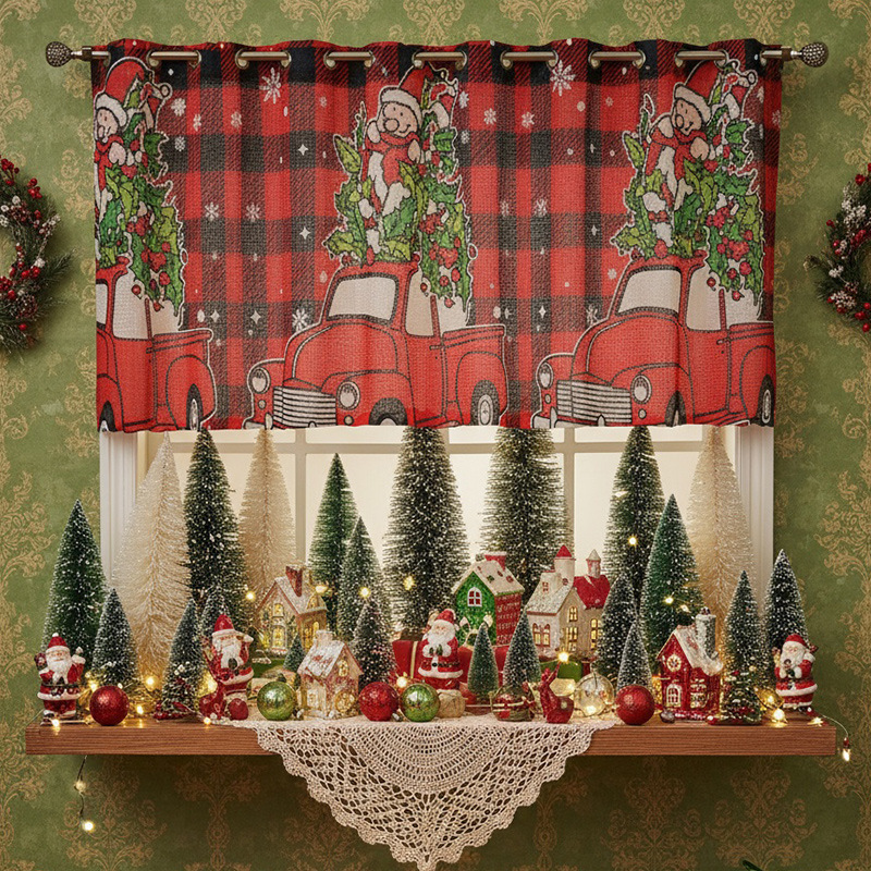 American-Style Lace Christmas Coffee Curtain with Printed Lace, Semi-Blackout Rectangular Decorative Curtain, Door Curtain American-Style Lace Christmas Coffee Curtain with Printed Lace, Semi-Blackout Rectangular Decorative Curtain, Door Curtain