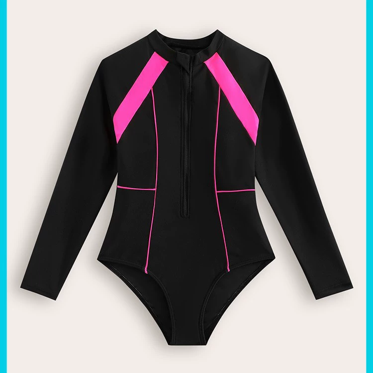 Длинный рукав консервативный детский купальник гидрокостюм сплошной цвет купальник на молнии для девочек