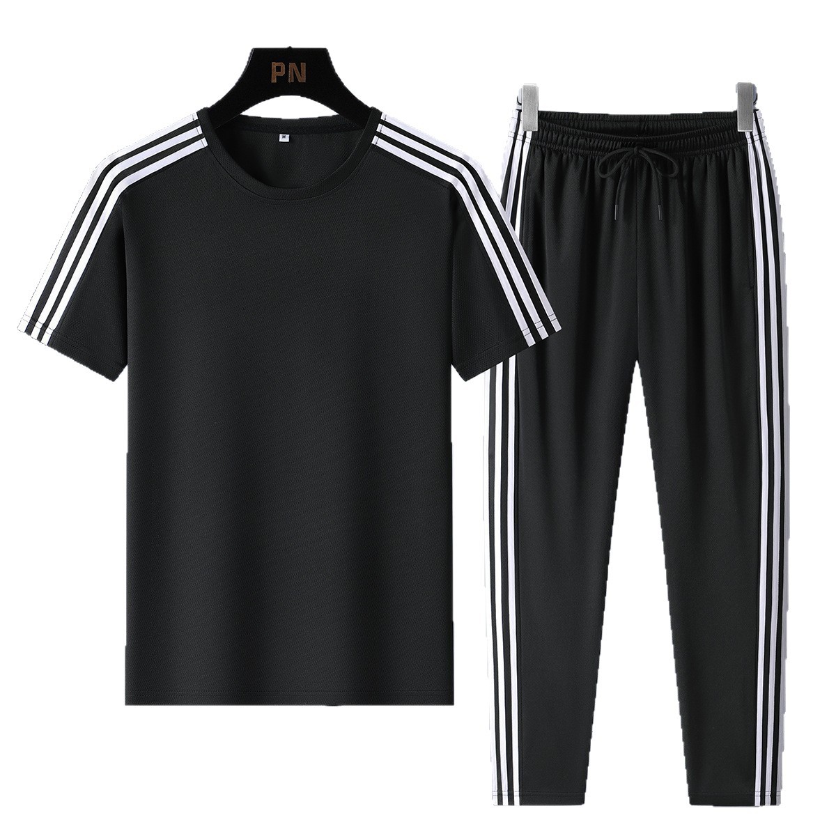 Set de tres barras de verano de moda para hombres, mangas cortas transpirables, pantalones casuales rectos para hombres, set de dos piezas.